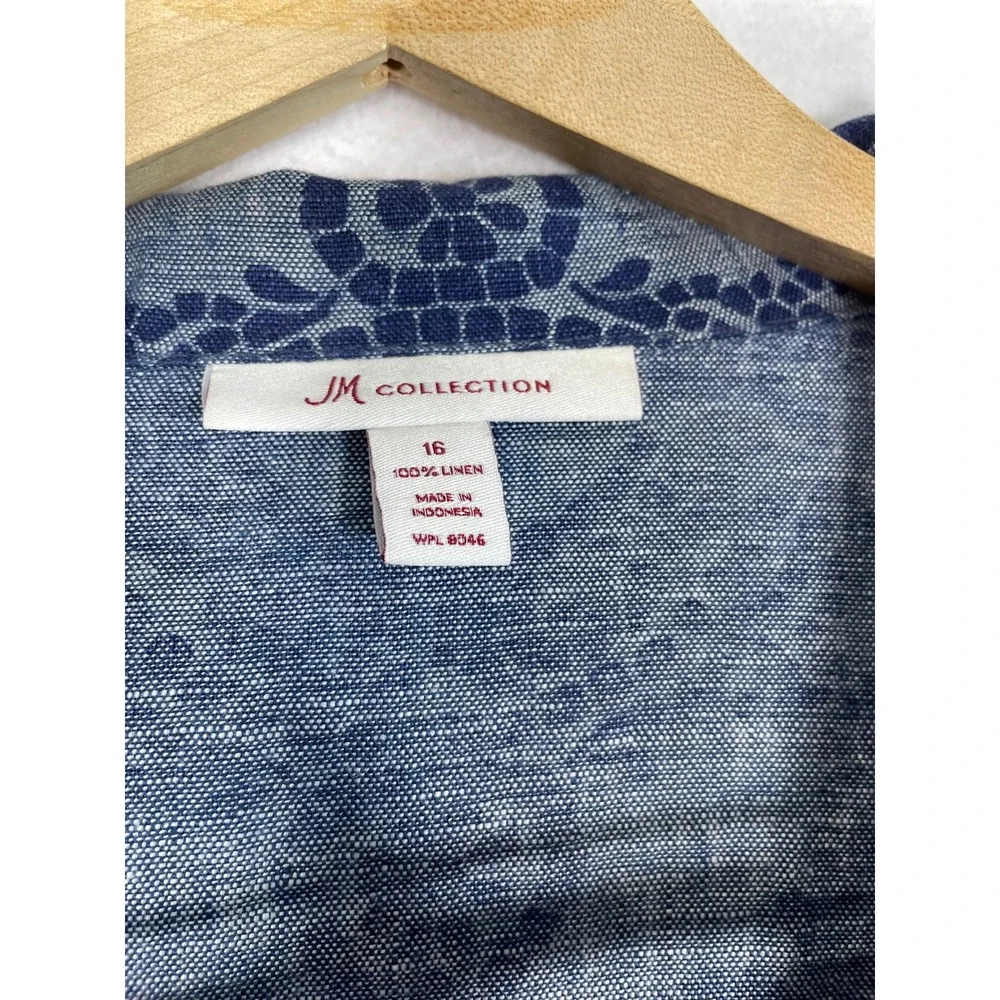 JM Collection Women Blazer Jacket 16  Blue Linen Floral Button Down Short Sleeve